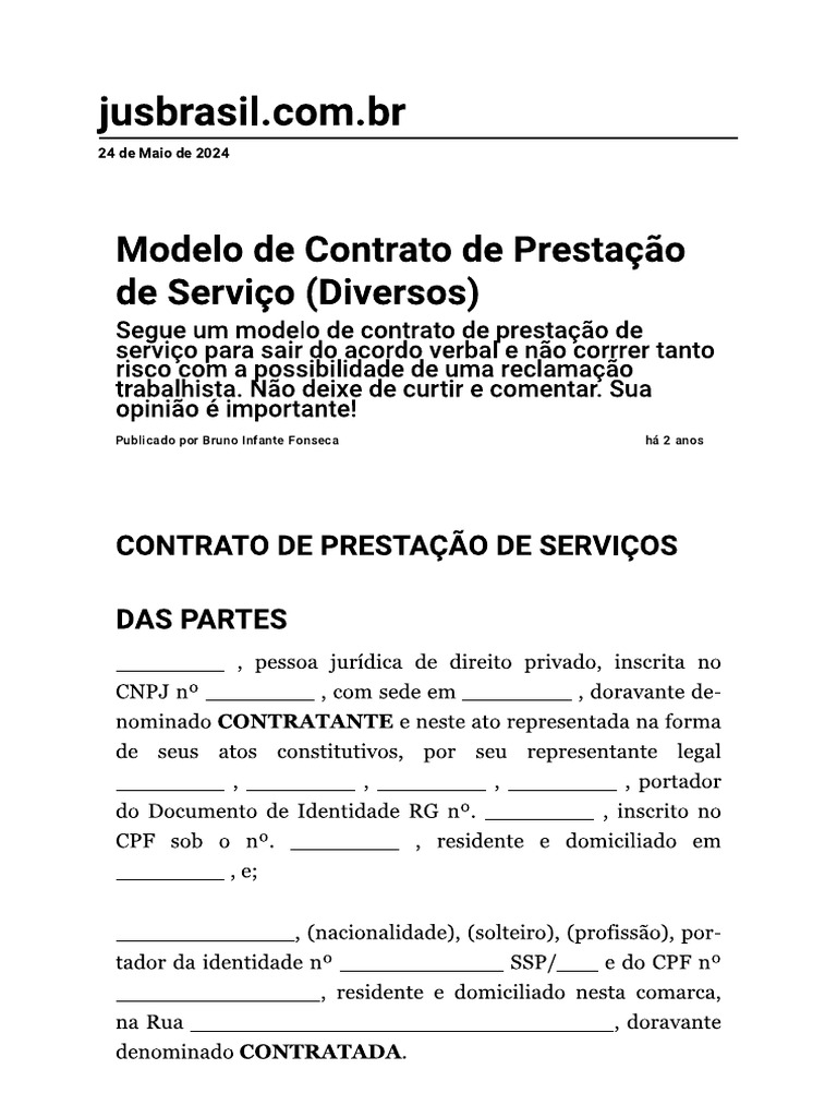 Modelo de Contrato de Prestação de Serviço (Diversos) - Jusbrasil | PDF