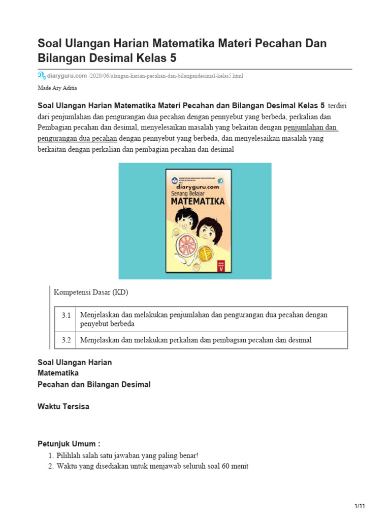 Soal Ulangan Pecahan dan Desimal Kelas 5 | PDF | Seni & Disiplin Bahasa ...