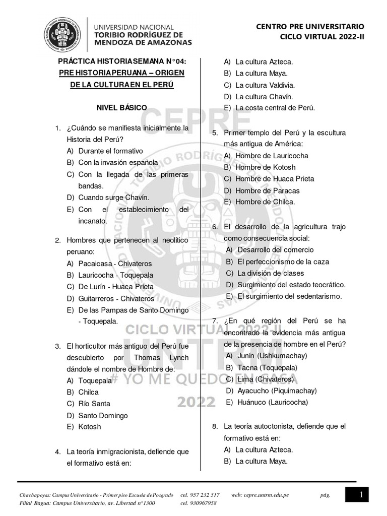 Práctica Historia 4 Cepre Untrm 2022 Ii 1 Pdf Perú Arqueología