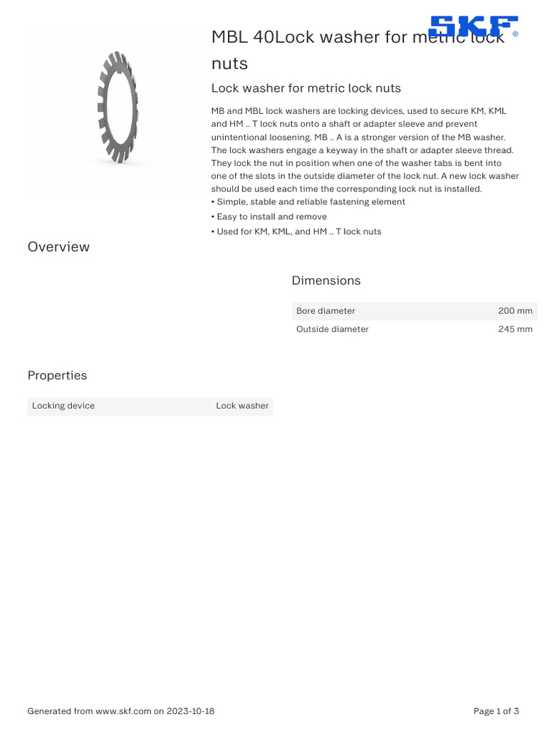 SKF MBL 40lock Washer For Metric Lock Nuts Specification PDF