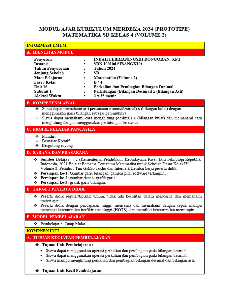 Modul Ajar Matematika Kelas 4 Kurikulum Merdeka | PDF