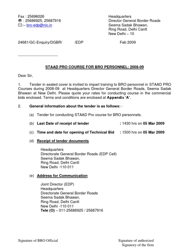 STAAD Pro Training Tender for BRO Personnel | PDF | Signature | Fee
