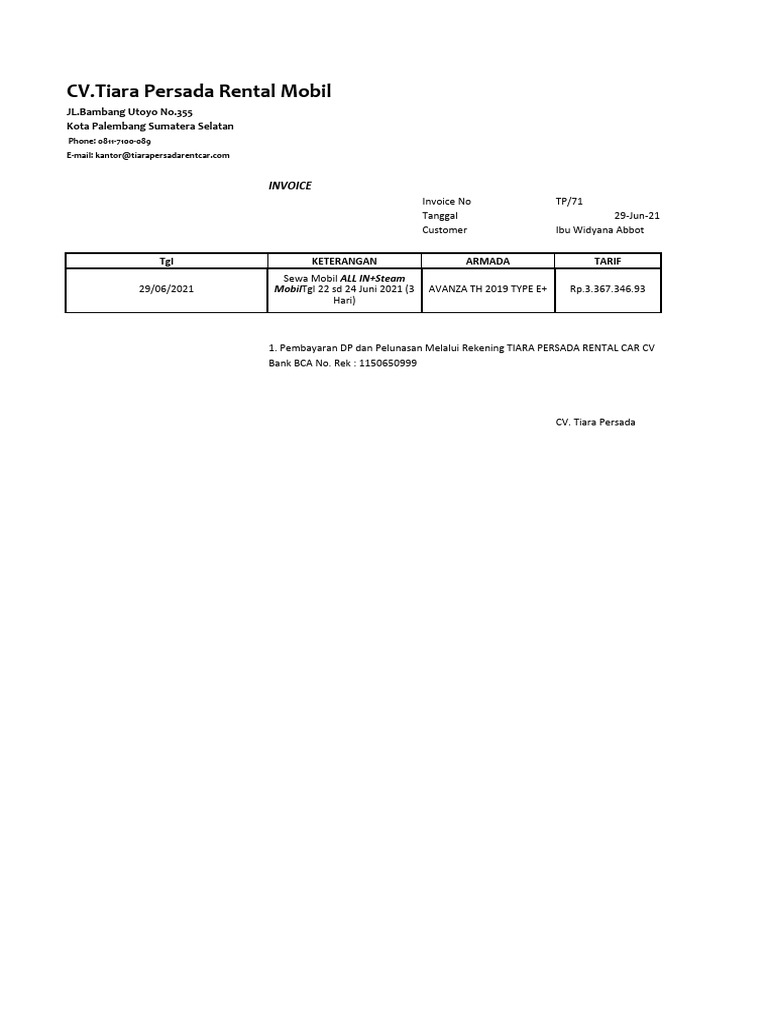 Invoice Rental Mobil Tiara Persada | PDF