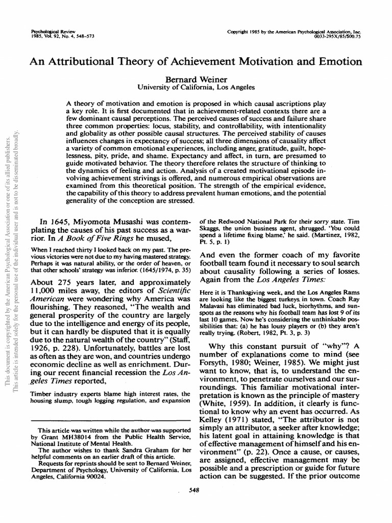 An Attributional Theory of Achievement Motivation and Emotion 1986 ...