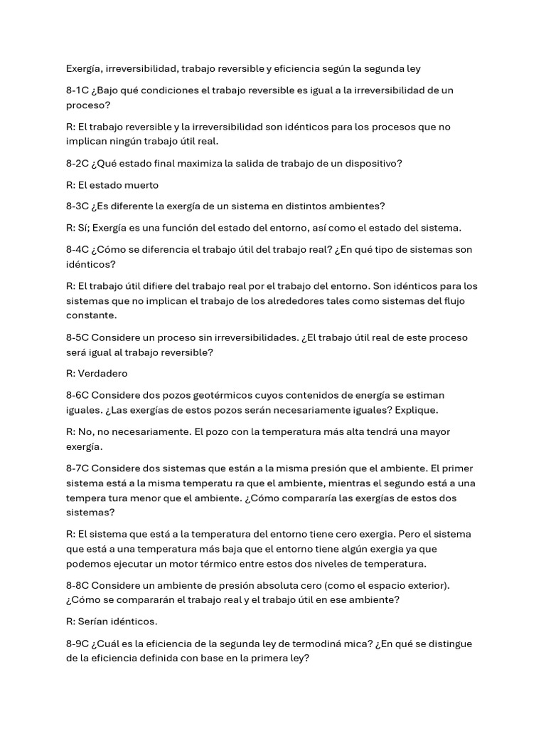 Exergía y eficiencia en termodinámica | PDF | Ejercicio | Temperatura