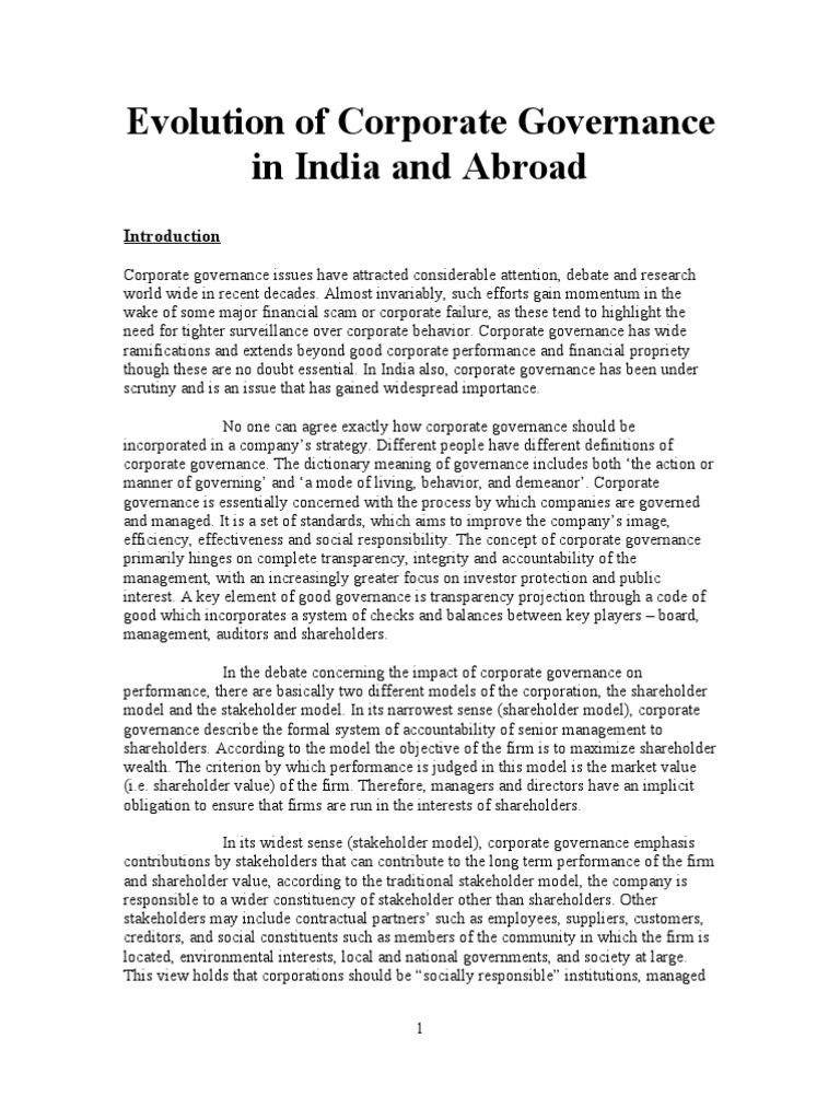 Evolution of Corporate Governance in India | PDF | Corporate Governance ...