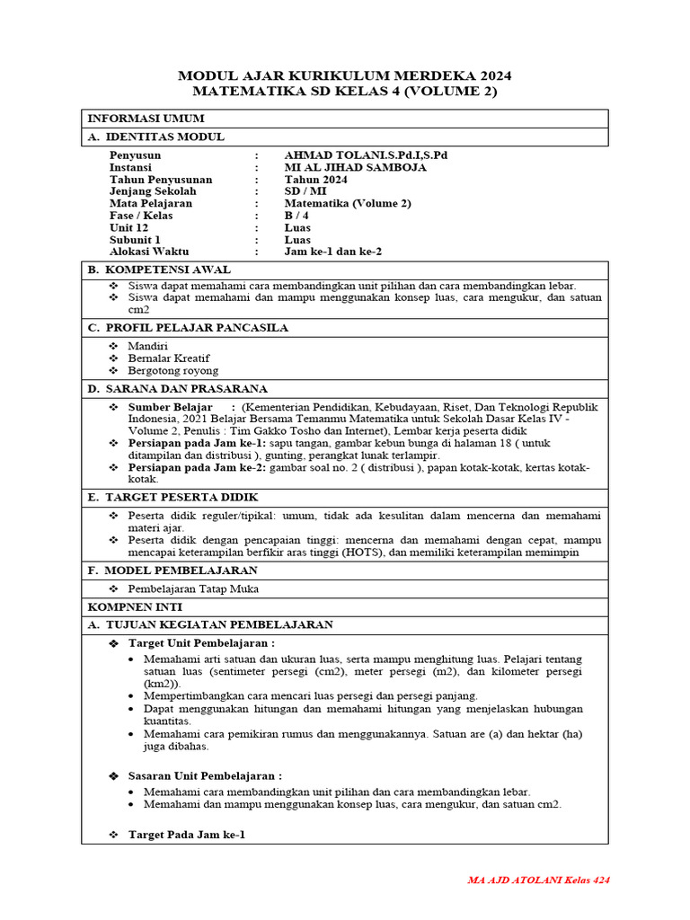Modul Ajar Matematika SD Kelas 4 2024 | PDF