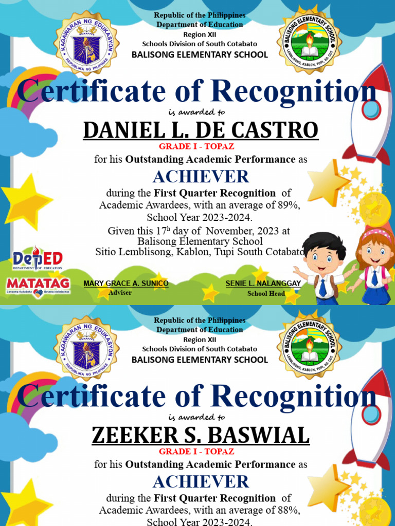 1st Quarter Recognition at Balisong School | PDF | Philippines