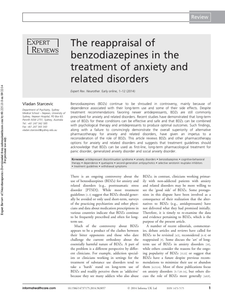 The Reappraisal of Benzodiazepines in The Treatment of Anxiety and ...