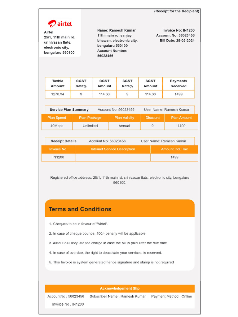 Internet Invoice Template Airtel | PDF
