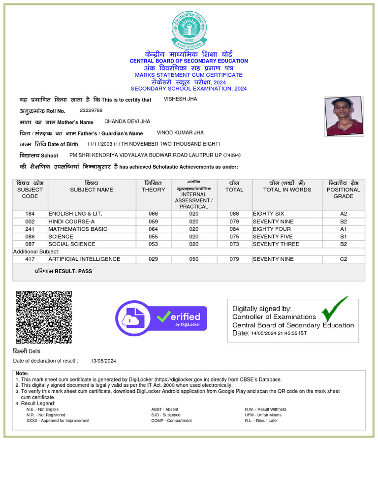 CBSE Class 12 Marksheet 2024 | PDF