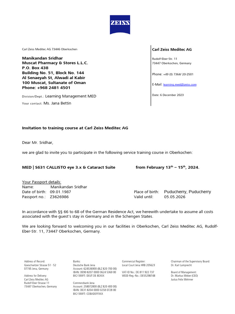 Carl Zeiss Meditec Training Invite | PDF | Banking Technology | Banking