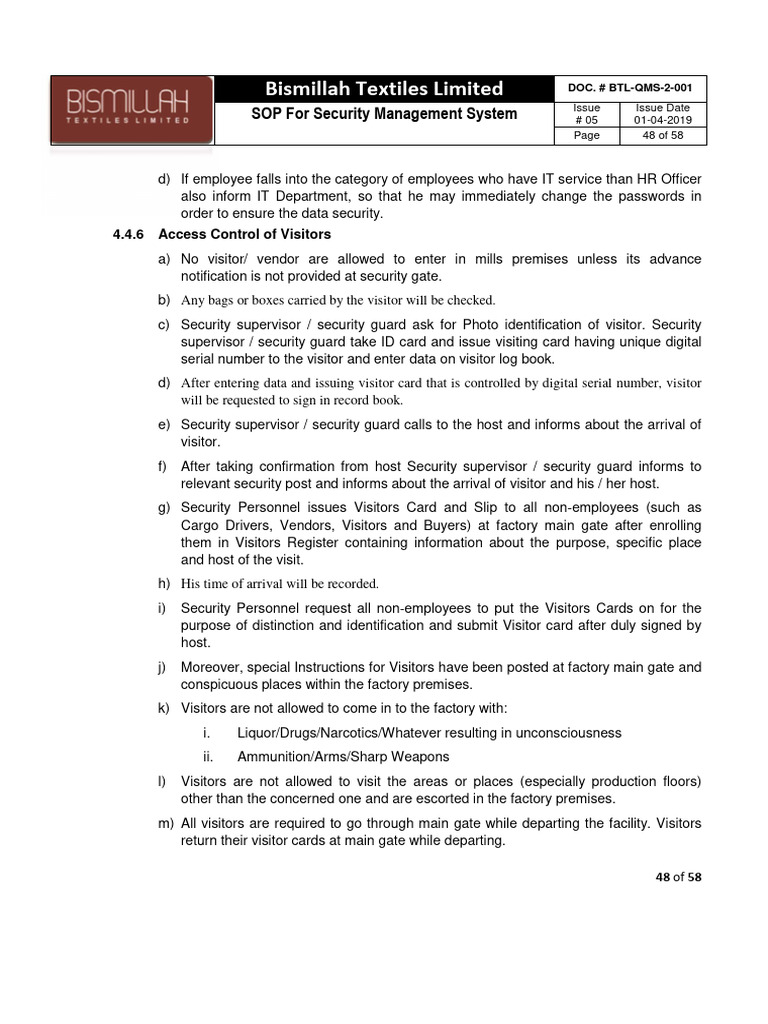Security Management SOP for Textiles | PDF | Identity Document ...