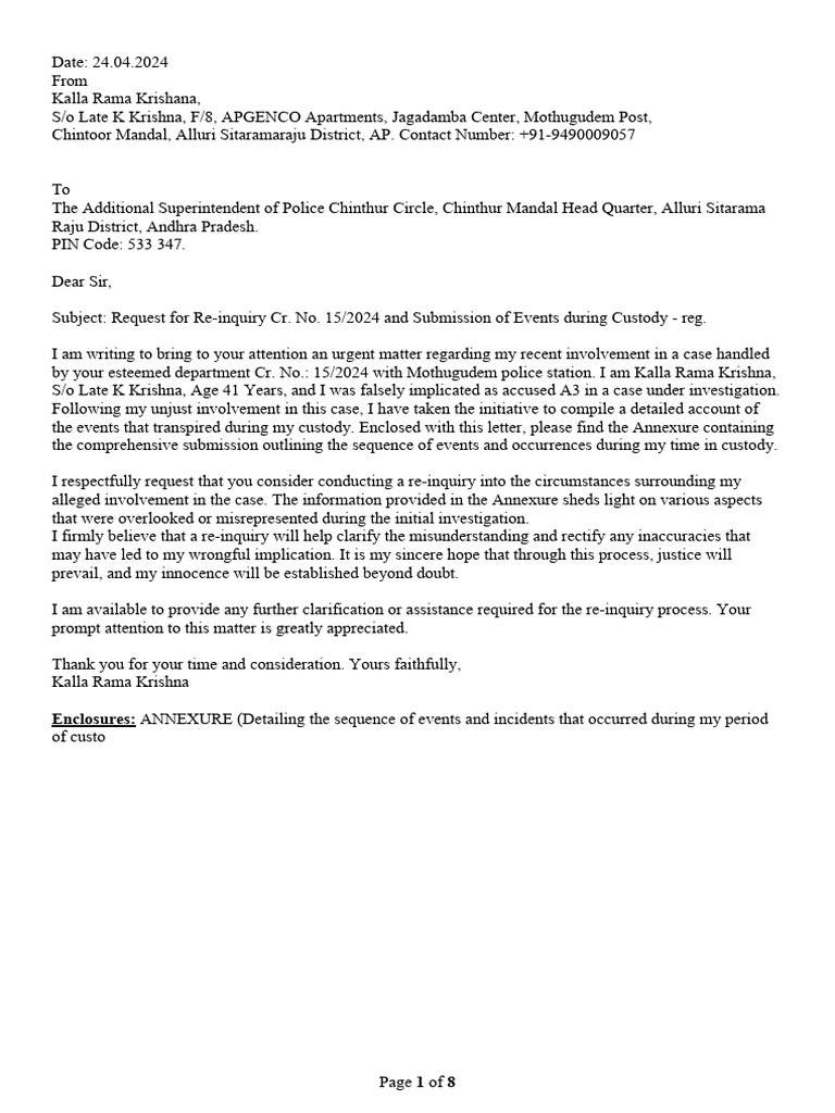 Request for Re-inquiry on False Charges | PDF | Confession (Law) | Police