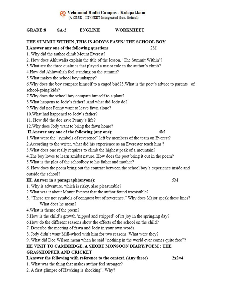 Grade 8 English Overall Worksheet | PDF | Mount Everest