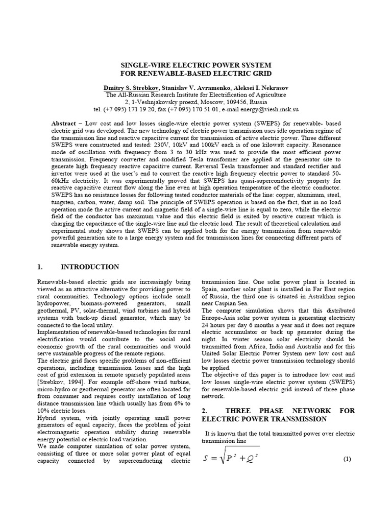 Single-Wire Electric Power System | PDF | Electric Power Transmission ...