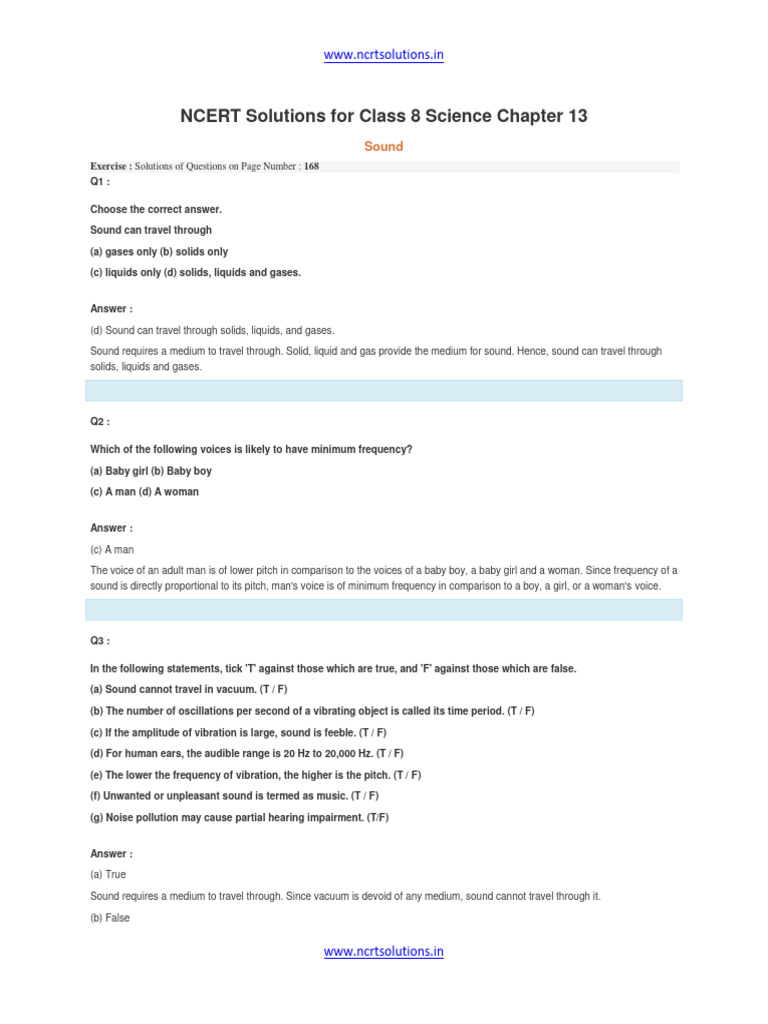 NCERT Solutions For Class 8 Science Chapter 13 | PDF | Sound | Frequency