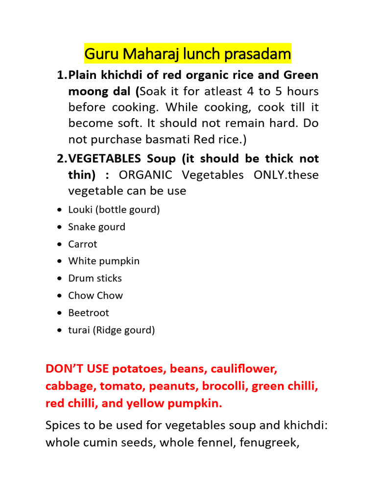 Guru Maharaja Lunch Prasadam Menu | PDF | Foods | Cuisine