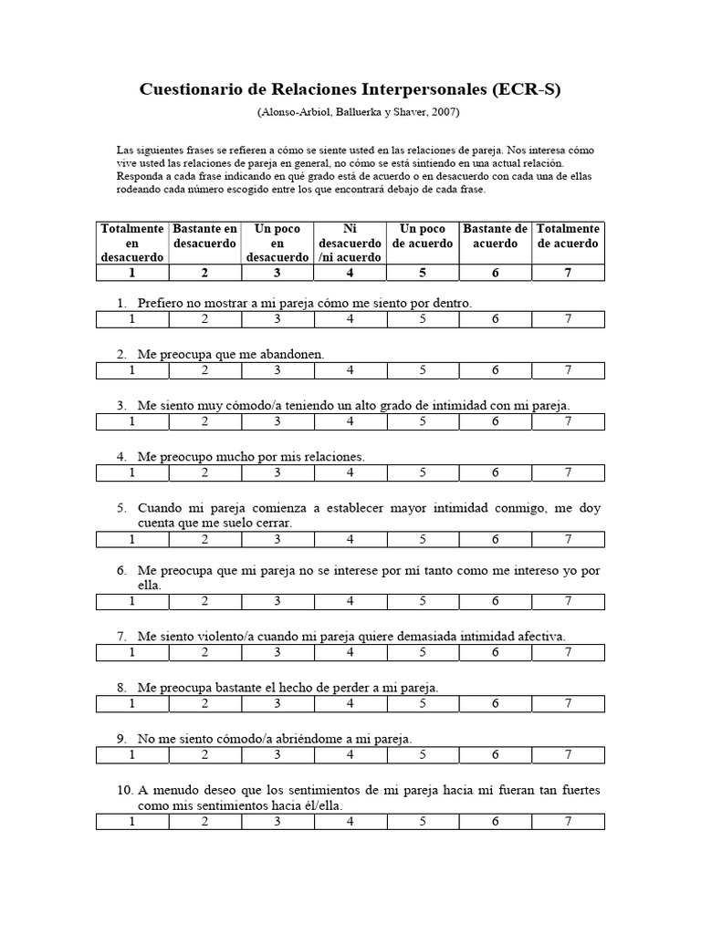 Cuestionario ECR-S de Relaciones Interpersonales | PDF | Relaciones ...