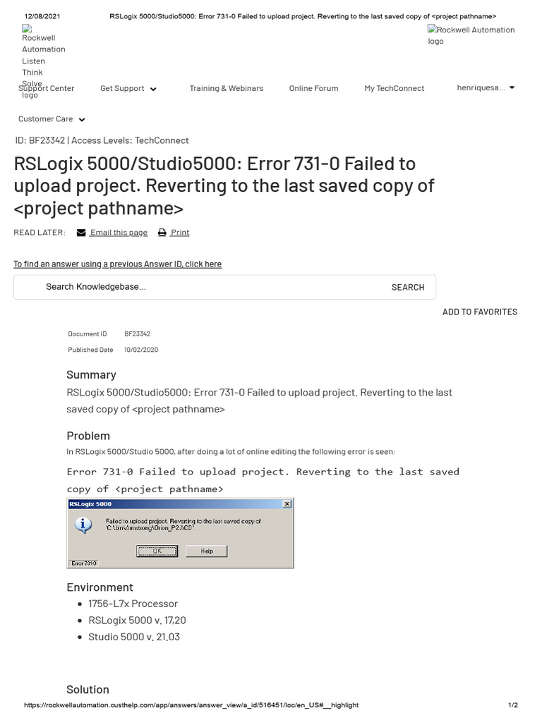 RSLogix 5000 Studio5000 Error 731 0 Failed To Upload Project Reverting ...