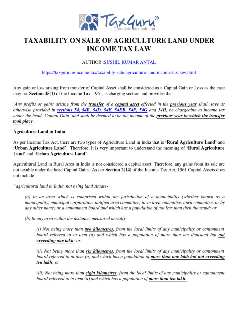 Taxability On Sale Of Agriculture Land Under Income Tax Law Pdf