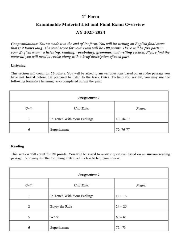 1st Form English Final Exam Guide | PDF | Linguistics