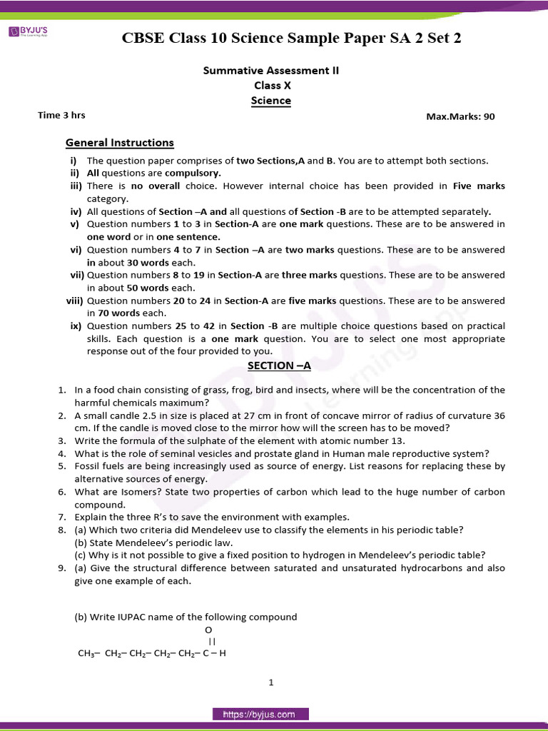 CBSE Class 10 Science Sample Paper SA 2 Set 2 | PDF | Chemical Elements ...