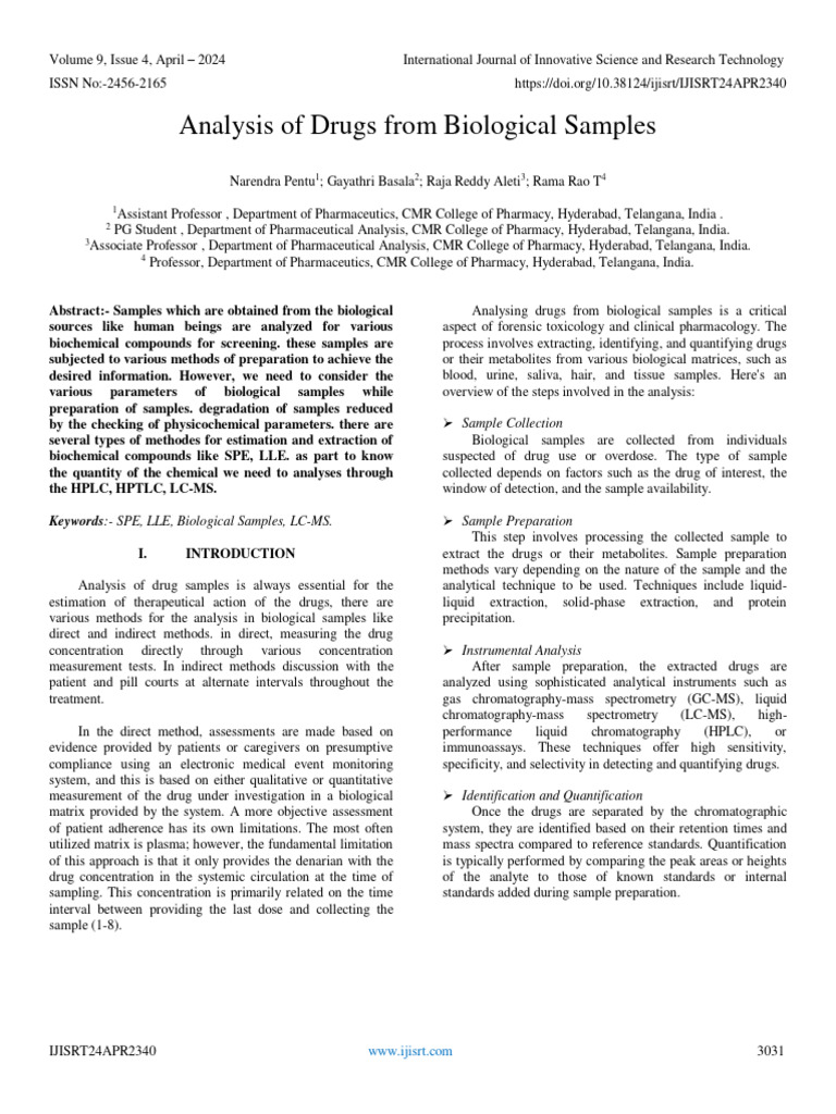 Drug Analysis in Biological Samples | PDF | Mass Spectrometry | Liquid ...
