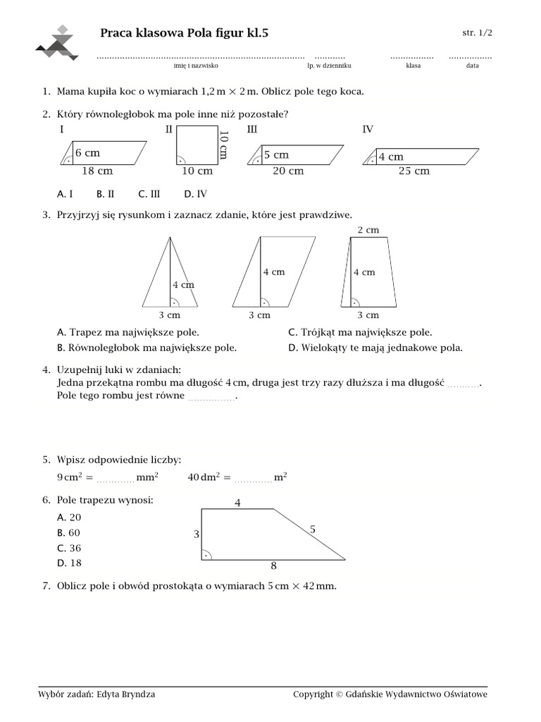Test Klasa 5 Pola Figur Kl.5 Praca Klasowa Pola Figur | PDF