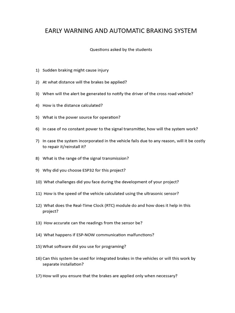 100 Questions by Students - Automatic Braking System | PDF | Vehicles ...
