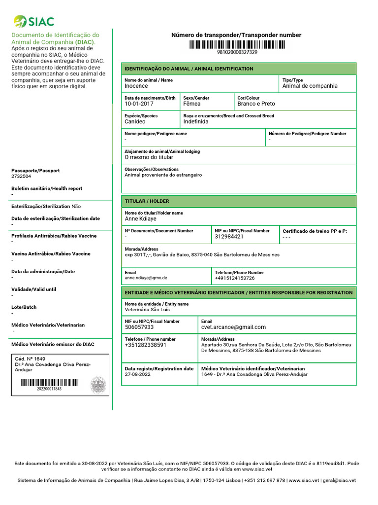 Documento de Identificação Do Animal de Companhia (DIAC) .: Número de ...