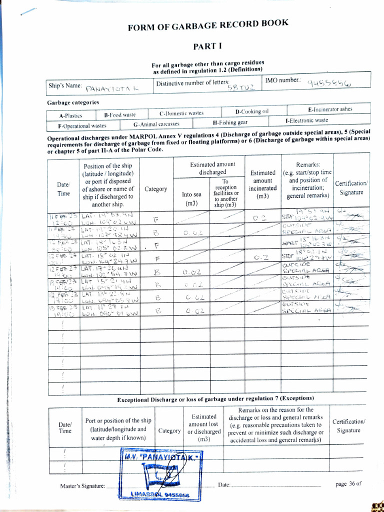 Garbage Record Book Template for Ships | PDF | Water Transport ...