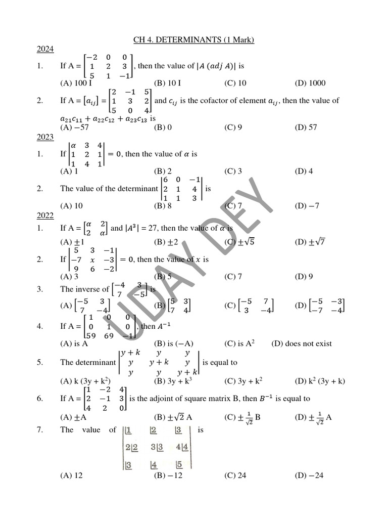 Ch 4 Determinants Pyq Pdf Determinant Algebra