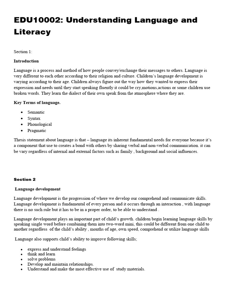 Oral Language Development EDU10002 Understanding Language and Literacy ...