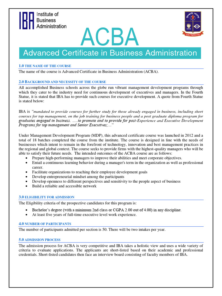 ACBA Course Overview and Admission Details | PDF | University And ...