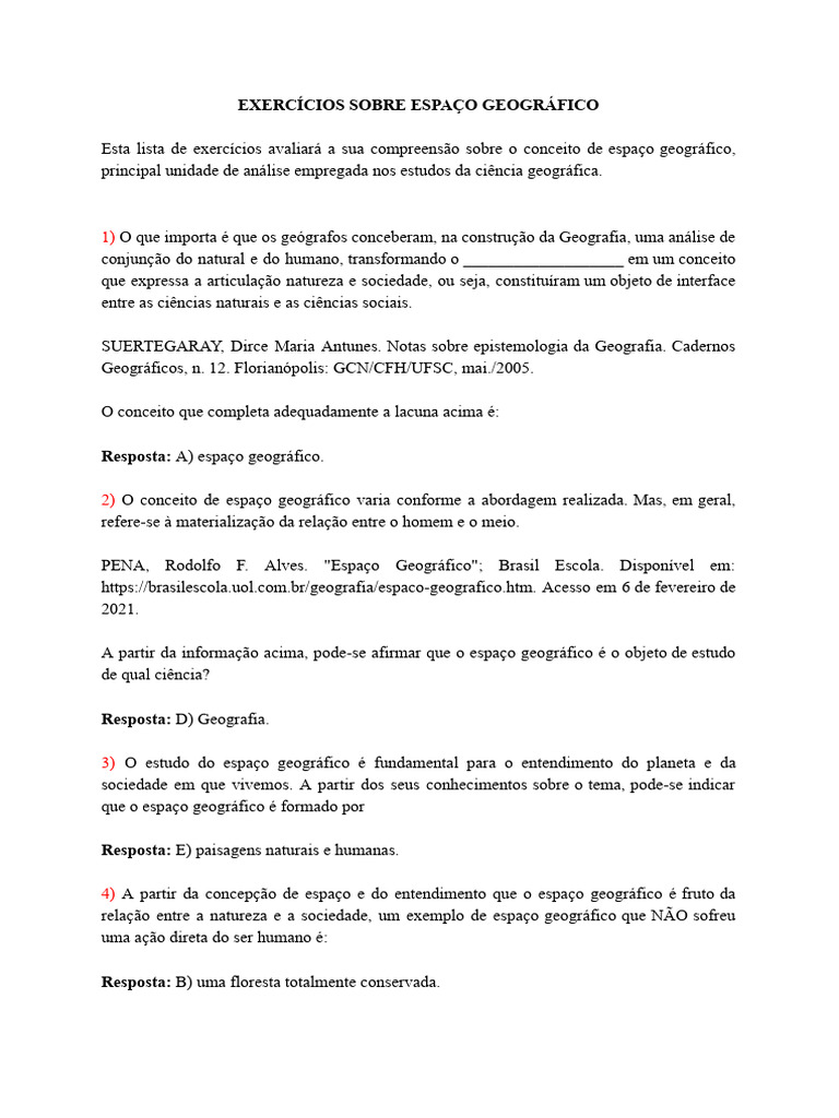 Exercícios sobre Espaço Geográfico | PDF | Geografia | Science