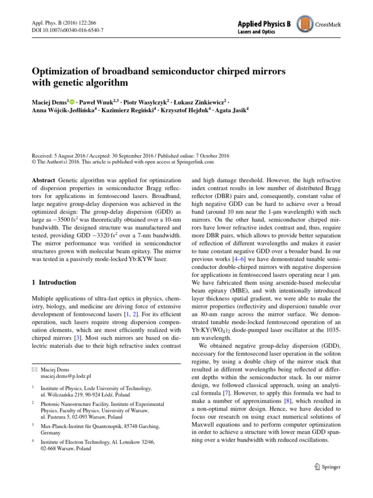 Genetic Algorithm for Chirped Mirror Optimization | PDF | Laser | Mirror