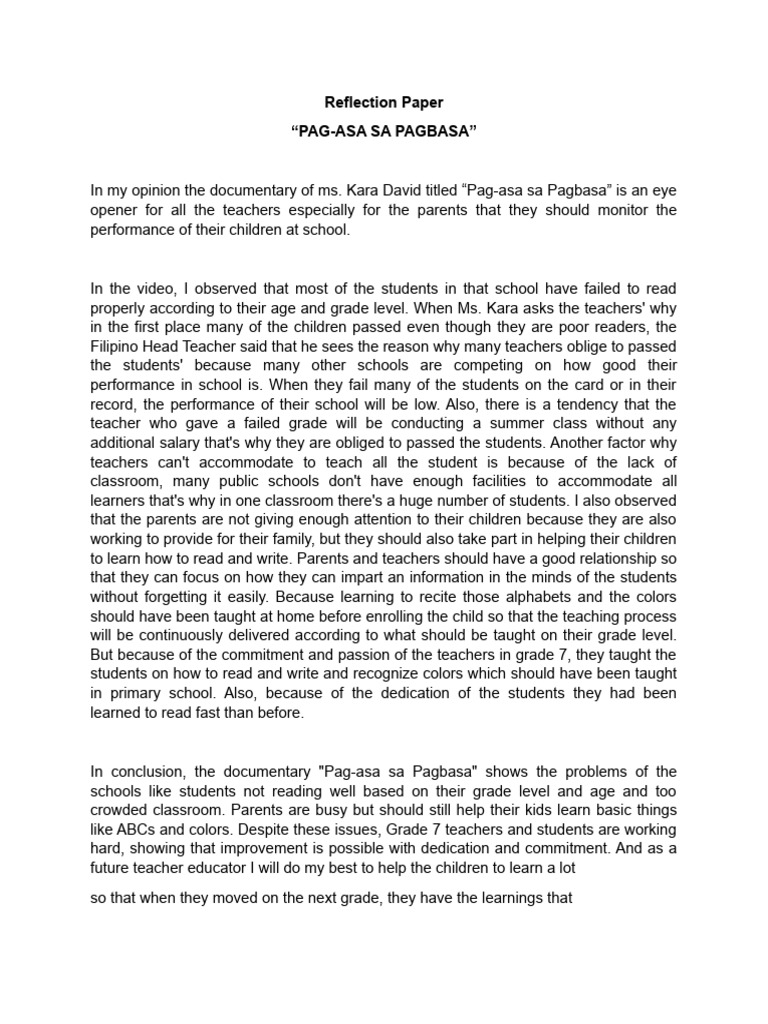 Pag-asa sa Pagbasa: A Reflection | PDF | Teachers | Schools