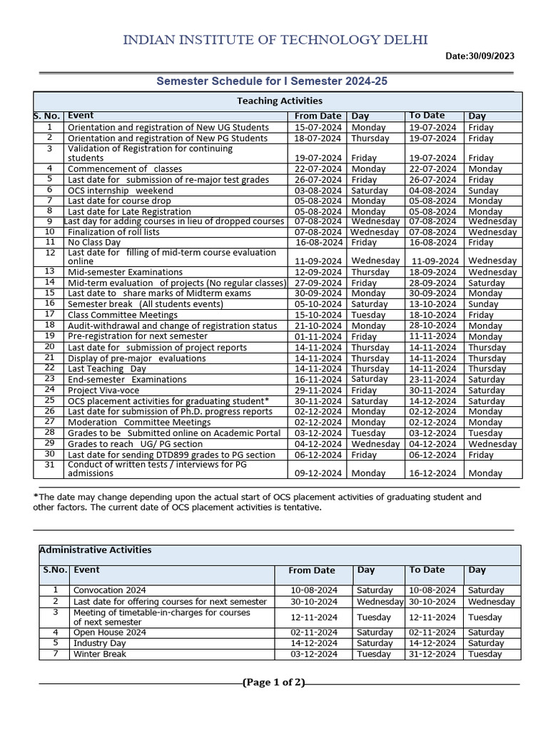 IIT Delhi Academic Calendar 2024-25 | PDF | Academic Term | Academia