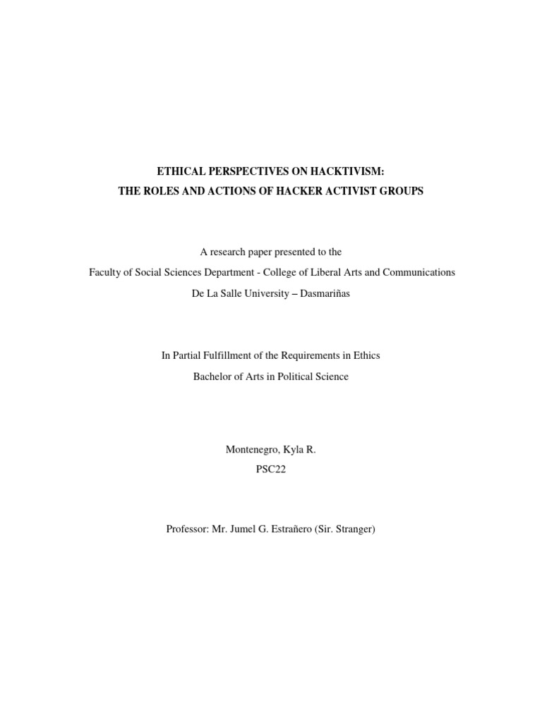 Ethical perspectives on hacktivism the roles and actions of hacker