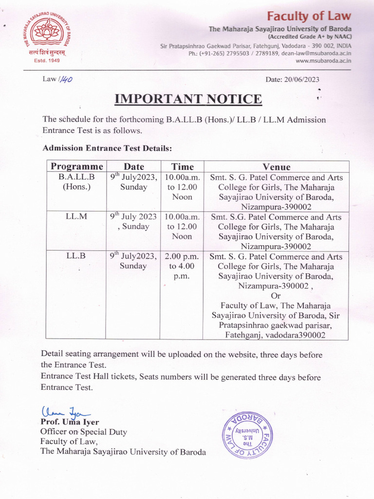 Admission Entrance Test Notice | PDF