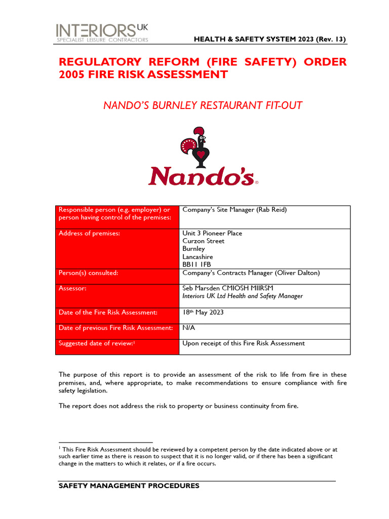Fire Risk Assessment for Nando's Burnley | PDF | Risk | Fire Safety