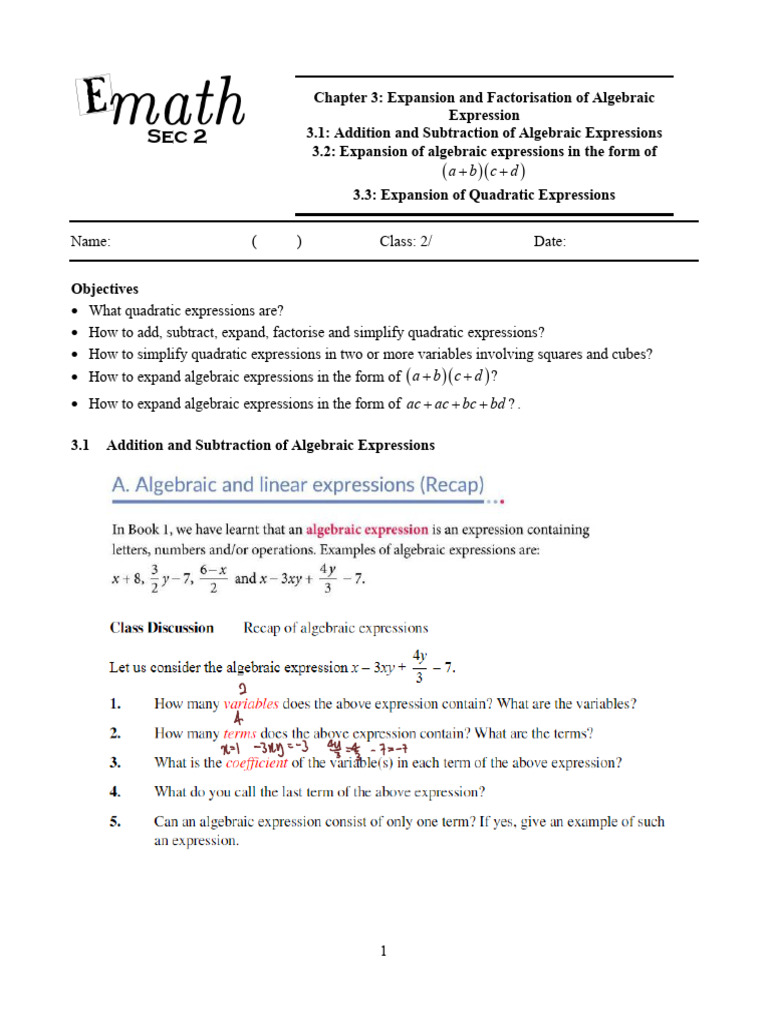 3.1 - 3.3 - Expansion of Algebraic Expressions | PDF | Algebra ...