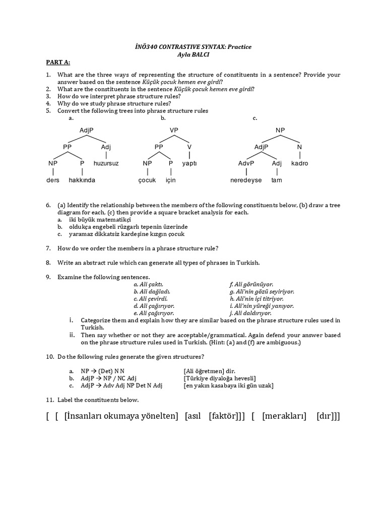 Part A:: İnö340 Contrastive Syntax: Practice Ayla Balci | PDF