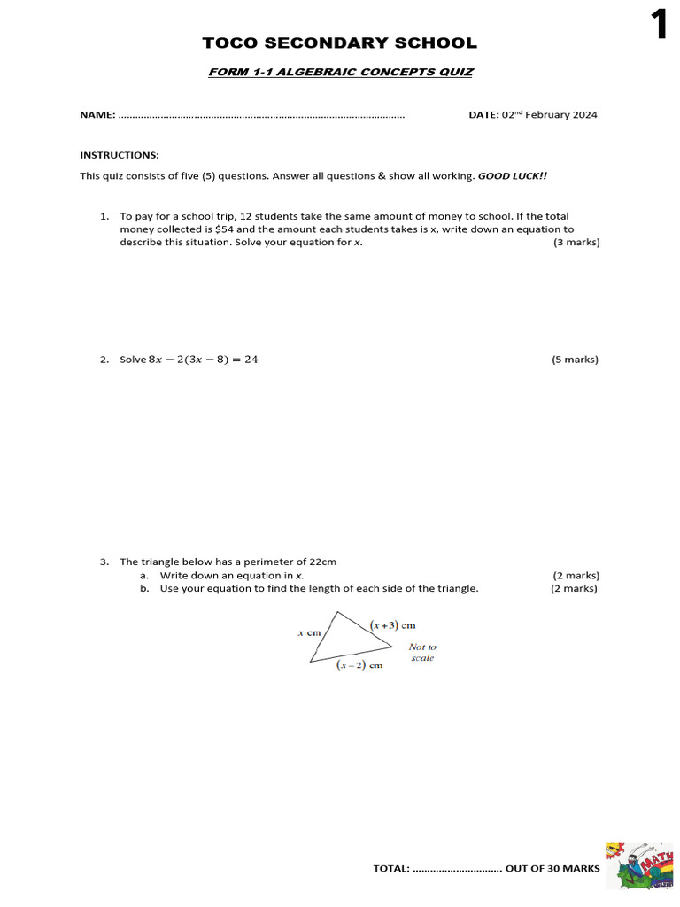 Form 1 Algebra Quiz - TOCO School | PDF | Triangle | Equations
