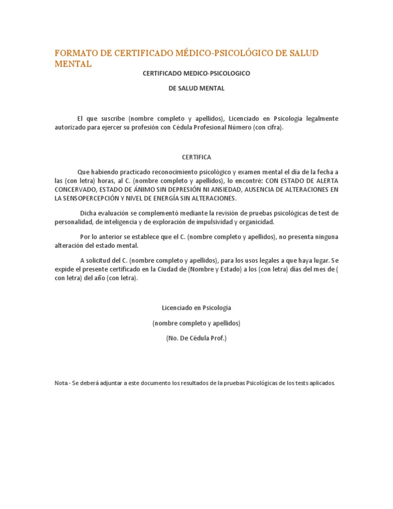 Formato De Certificado Medico Psicologia Clinica Sicologia Y