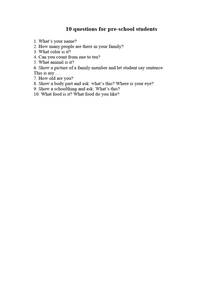 10 Questions For Pre | PDF | Language Arts & Discipline