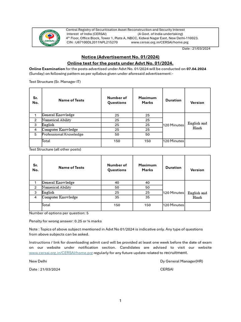 CERSAI Recruitment Exam Notice 2024 | PDF | Qualifications