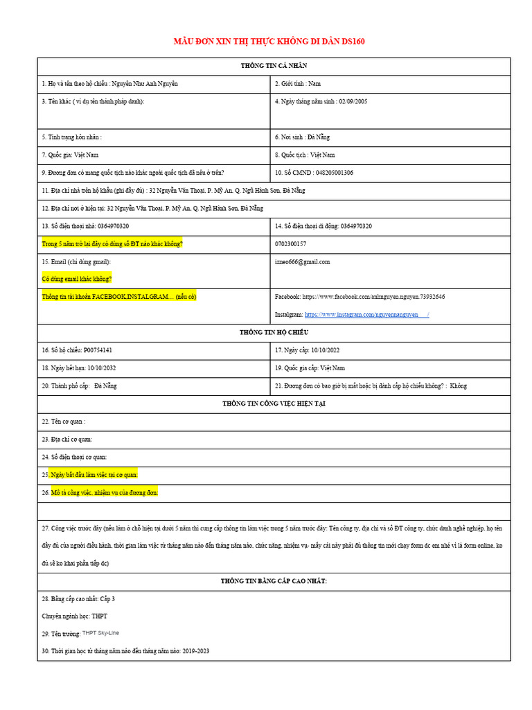 DS160 Thông Tin Khai Form - Returning | PDF