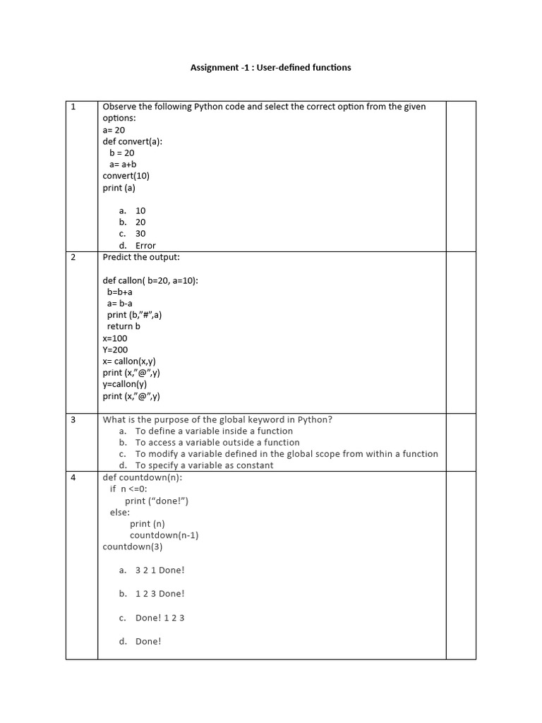 Python User-Defined Functions Quiz | PDF | Scope (Computer Science ...